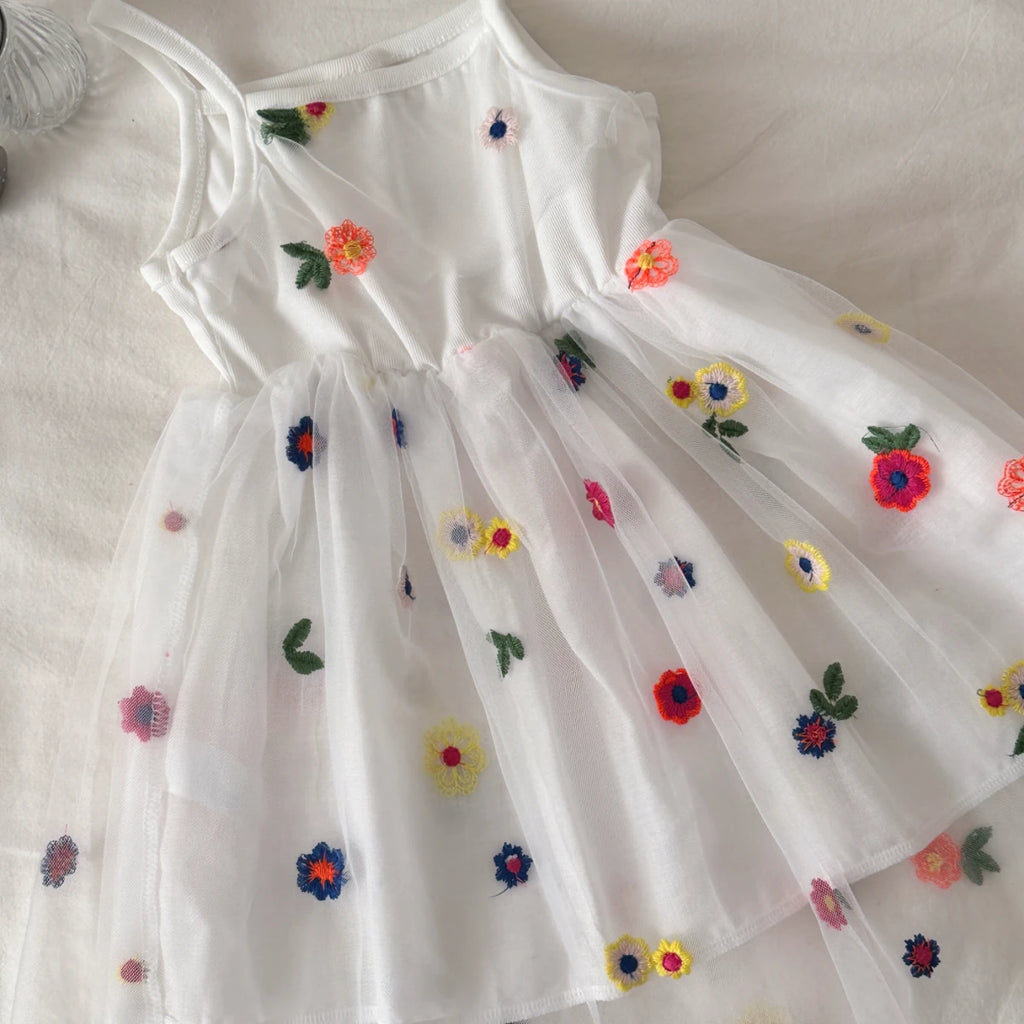Summer Baby Girls  White Embroidered  Tie Back Suspender Dress Kids Sweet dress Children Outfit Skirt 6Month-3Y