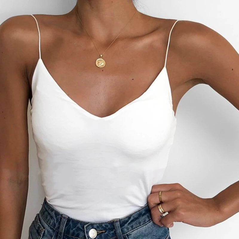 Summer Sexy Vest Women Thin V-neck Strap Camisole Top Solid Color Tank Tops Female Slim Fit Sleeveless For Ladies