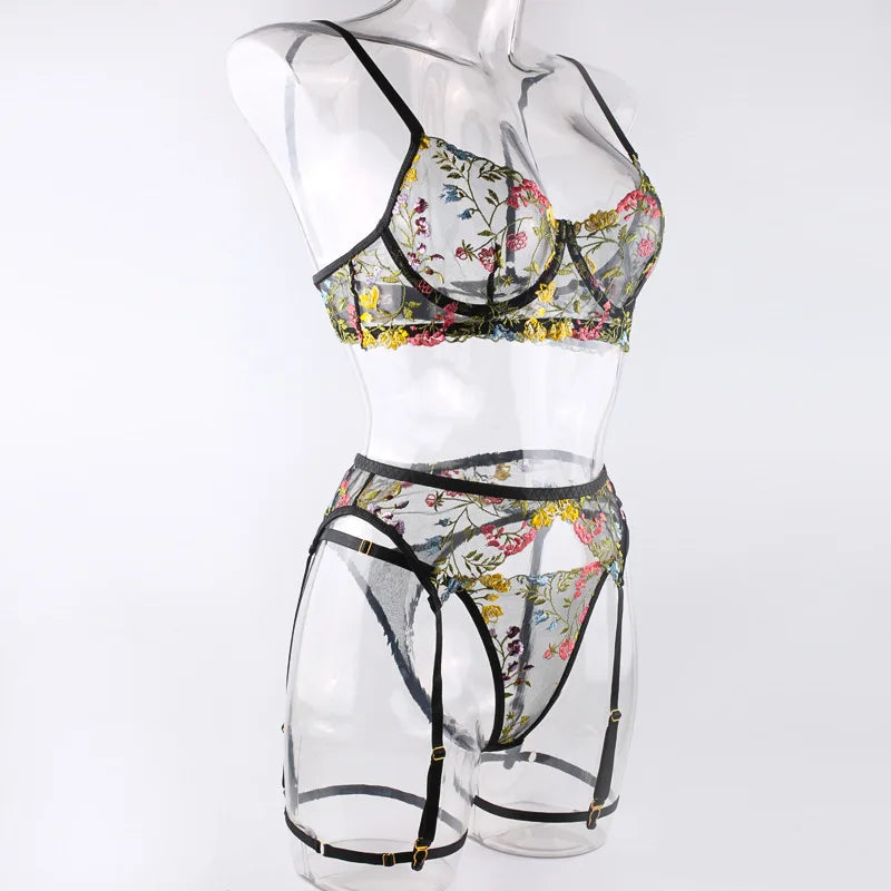 Lingerie Set Sensual Lace Underwear Transparent Embroidery 3 Pcs Garters Fancy Beautiful Short Skin Care Kits Intimate Bra Set