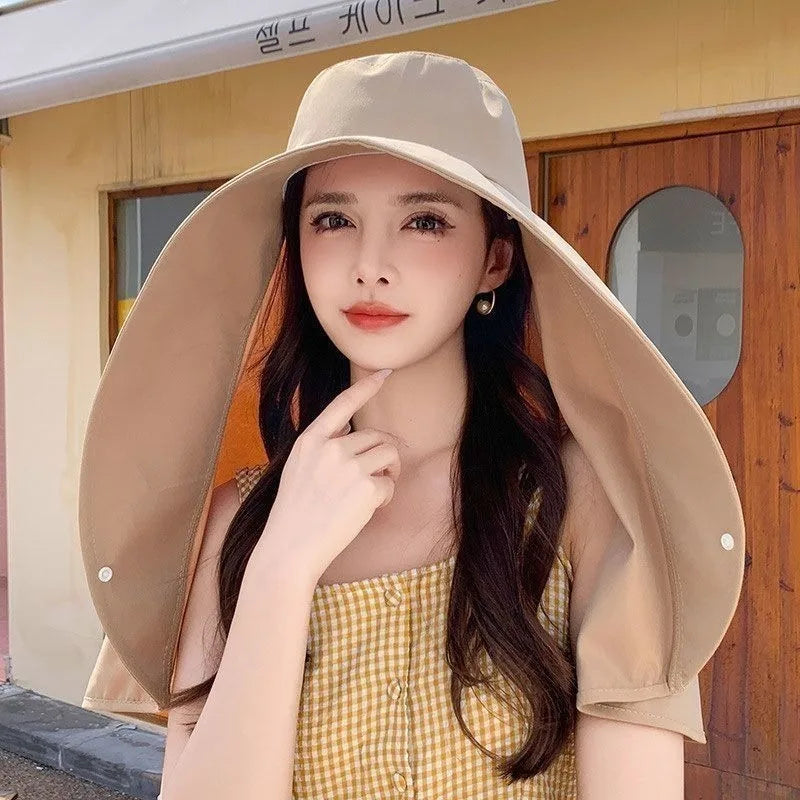 Summer Hats for Women Outdoor UV Anti Neck Protection Sun Visors for Lady Fishing Hiking Wide Brim Shawl Sunscreen Ponytail Cap