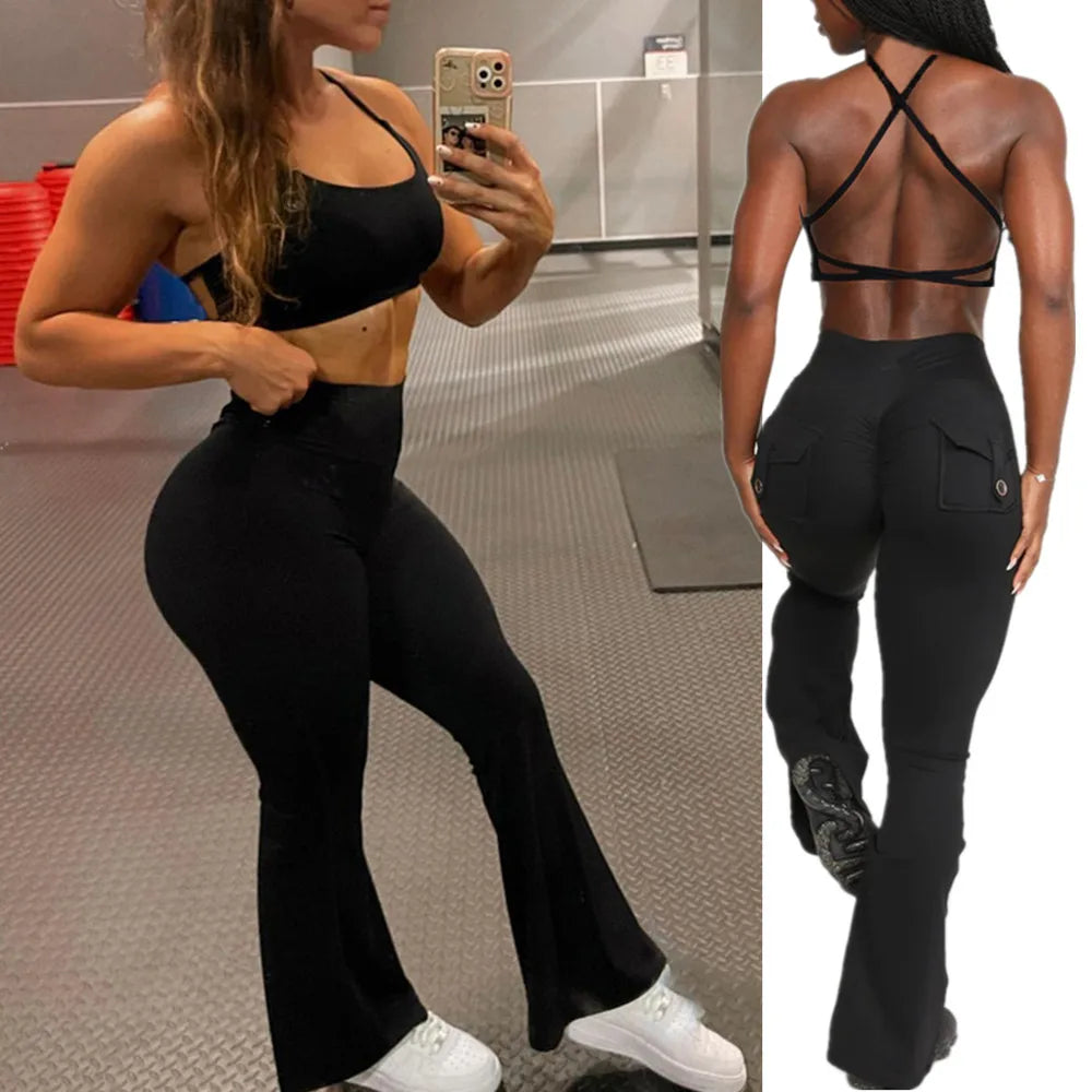 1/2PCS Fitness Cross Sport Bra Fitness Yoga Set Women High Waist Flare Leggings Female Workout Pant Tracksuit Gym Active Suits