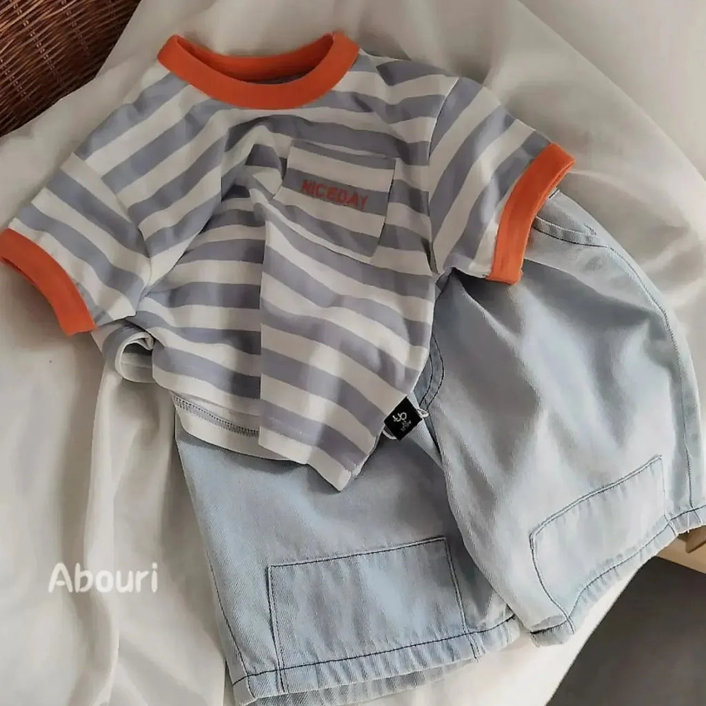 Summer 2025 Children Boy Short Sleeve T-shirt Cotton Round Collar Stripe Letter Infant Babys Boys Tops Loose Cotrast Kid Boy Tee