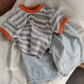 Summer 2025 Children Boy Short Sleeve T-shirt Cotton Round Collar Stripe Letter Infant Babys Boys Tops Loose Cotrast Kid Boy Tee