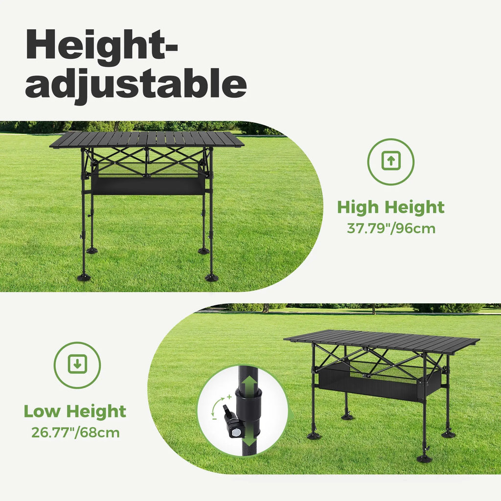 Folding Camping Table Portable Roll-up Table With Adjustable Height Large Storage Bag Carrying Bag For Outdoor&Indoor Picnic BBQ