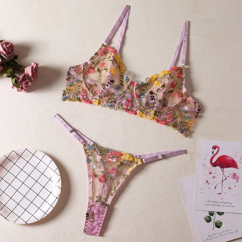 Women Bra and Briefs Sets Lace Flower Embroidery Sexy Perspective Underwire Erotic Lingerie Panty Two-Piece Underwear Set 2026