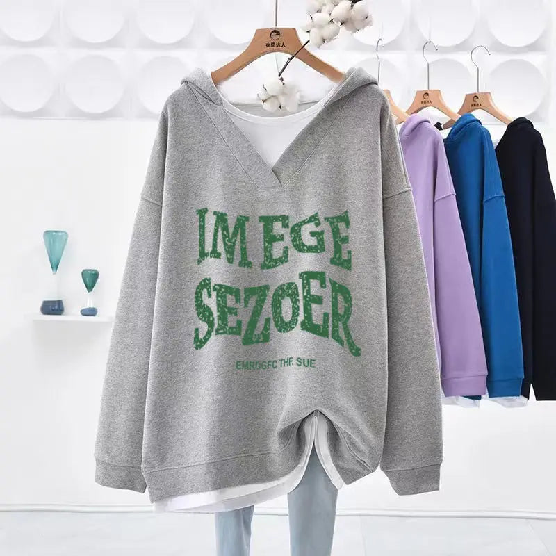 Hoodies Sweatshirt For Women Two Piece On Promotion Basic 2025 Trend Kpop Designer Novelty New In V Neck Woman Hooded Tops