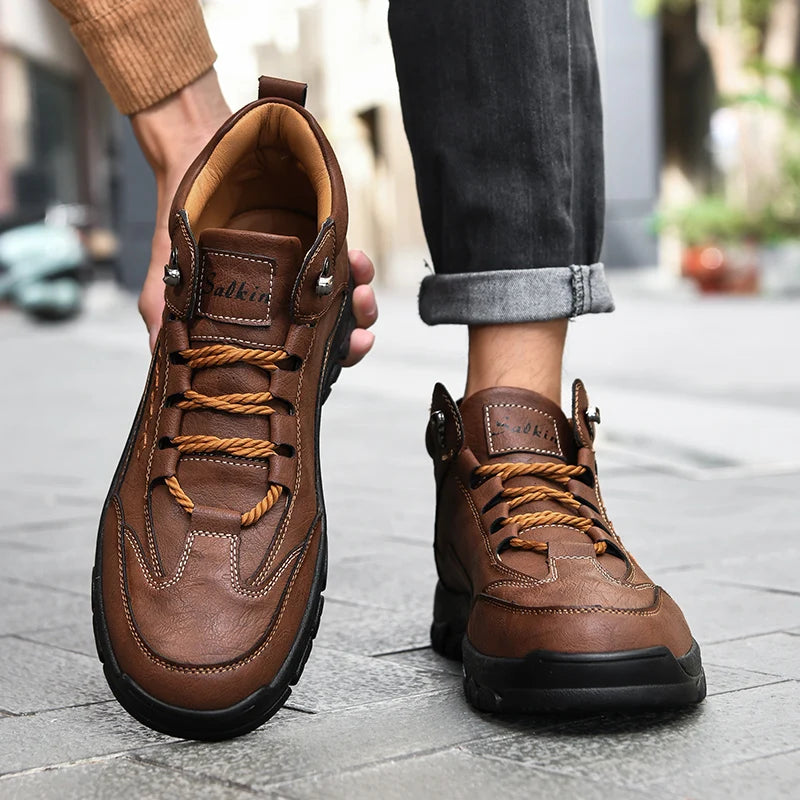 Men's High-Top Round-Toe Fashion Boots Lace-Up Outdoor Hiking Shoes Spring/Fall Thick-Sole Casual Oversized Men's Shoes