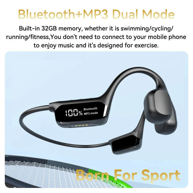 Bluetooth 5.4 Bone Conduction Wireless Headphones LED Display 32GB MP3 Player IPX8 Waterproof Swimming Sports HIFI Music Headset