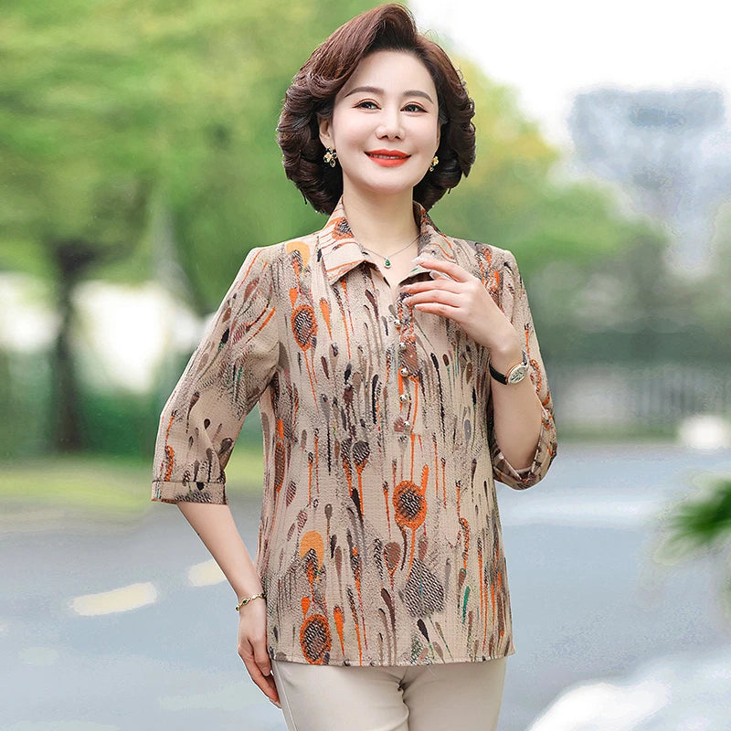 Summer Plus Size Shirt For Women's 2025 Printed Loose Top Mulberry Silk Blended Vacation Work Women's Clothing