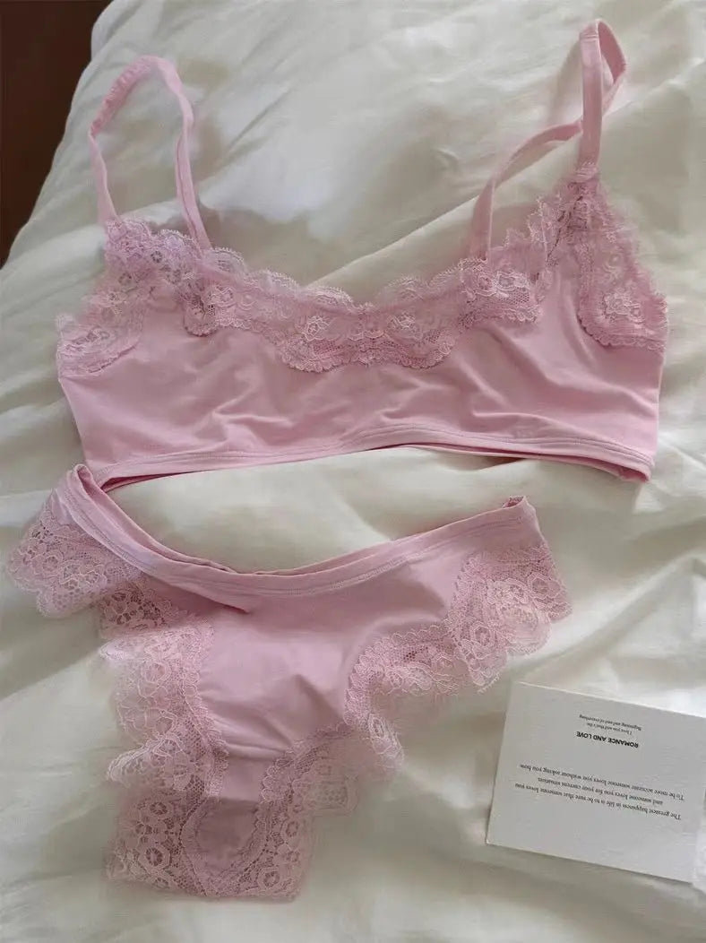 Lace Bra Set Woman Adjusted-strap Seamless Bras+Low Waist Panties Female Casual Simple Solid High Elasticity Lingerie Sets