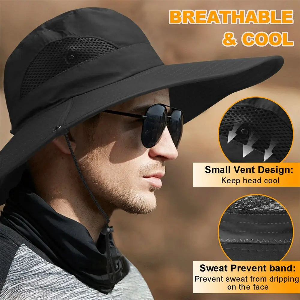Summer Bucket Hat For Men Fisherman Cap Fishing Outdoor Sunshade Wide Visor Brim UV Sunscreen Riding Hiking Suncreen Sunhat