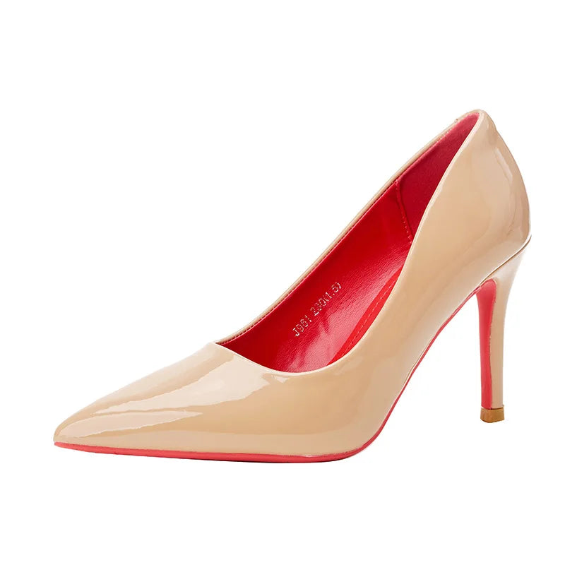 Sexy Nude High Heels Red Sole Women's Shoes Fashionable Thin Heel Single Shoes for Women Super Fibre Leather Inner Material