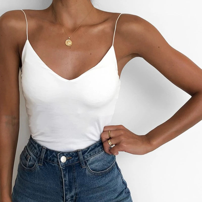 Summer Sexy Vest Women Thin V-neck Strap Camisole Top Solid Color Tank Tops Female Slim Fit Sleeveless For Ladies