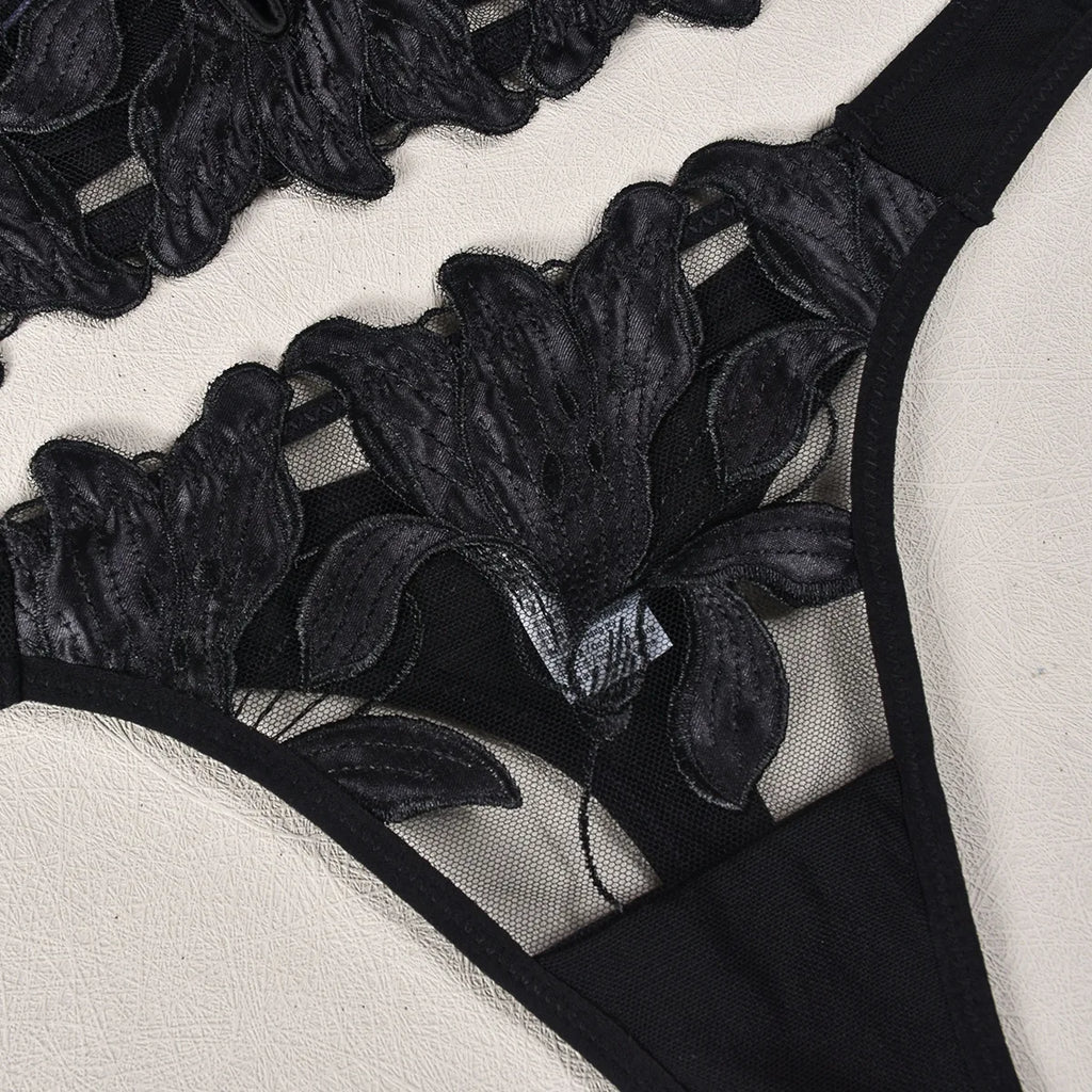 Sexy French Deep V Embroidery Mesh Lingerie Set Autumn Women's Ultra-thin Lace Bra and Panty Set Female Solid See Though Bra