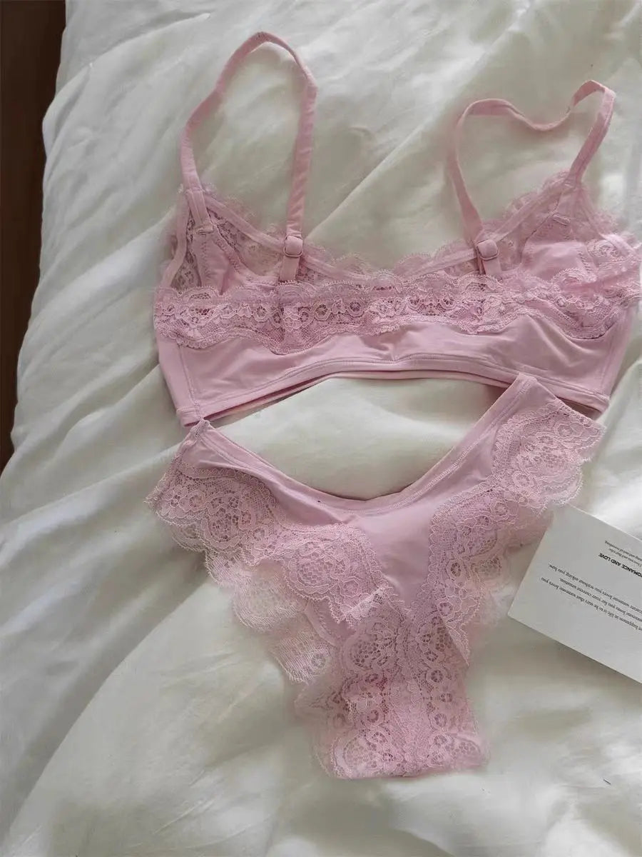 Lace Bra Set Woman Adjusted-strap Seamless Bras+Low Waist Panties Female Casual Simple Solid High Elasticity Lingerie Sets