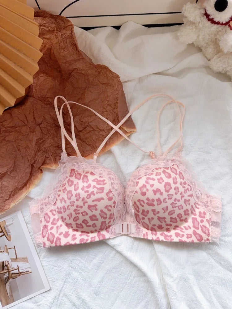 Hot Sale Front Closure Leopard Push Up Bra Set for Women, Backless Small Chest Lift Comfortable Underwear Set