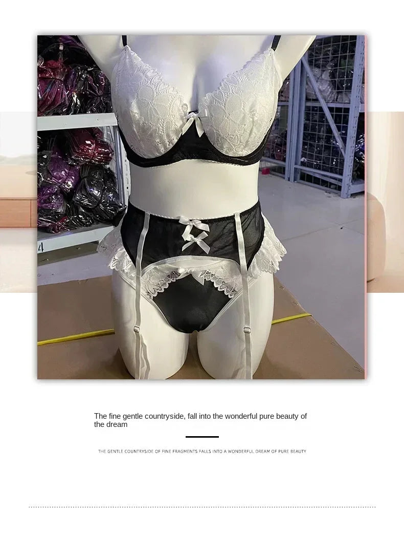 Pink Lace Bra and Panties with Garter Set Women's Sexy Lingerie Underwear See Through Erotic Porn Babydoll Clothes