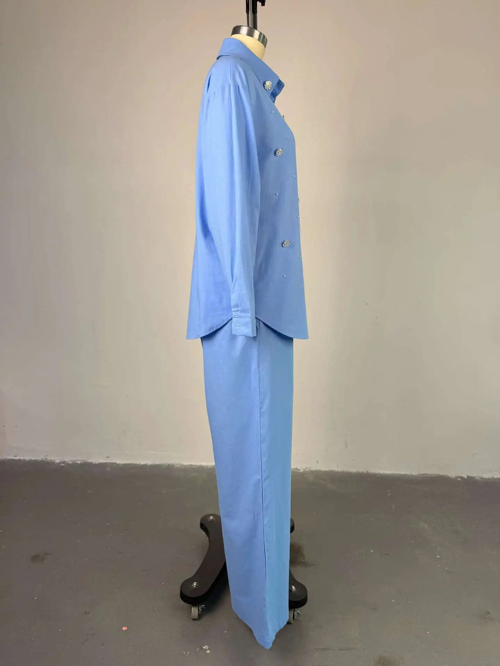 Pant Set Women Two Piece Sets Beaded Turn Down Collar Full Sleeve Shirt Single Breasted Wide Leg Long Pants Elastic Waist 2026