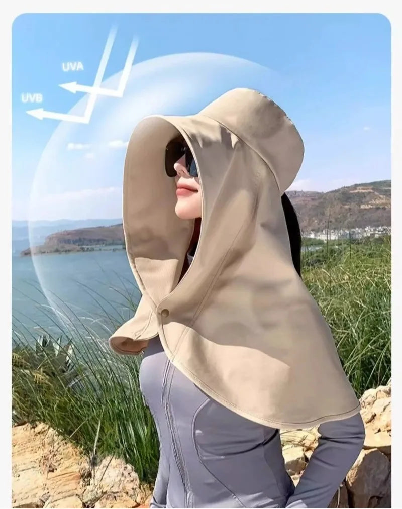 Summer Hats for Women Outdoor UV Anti Neck Protection Sun Visors for Lady Fishing Hiking Wide Brim Shawl Sunscreen Ponytail Cap