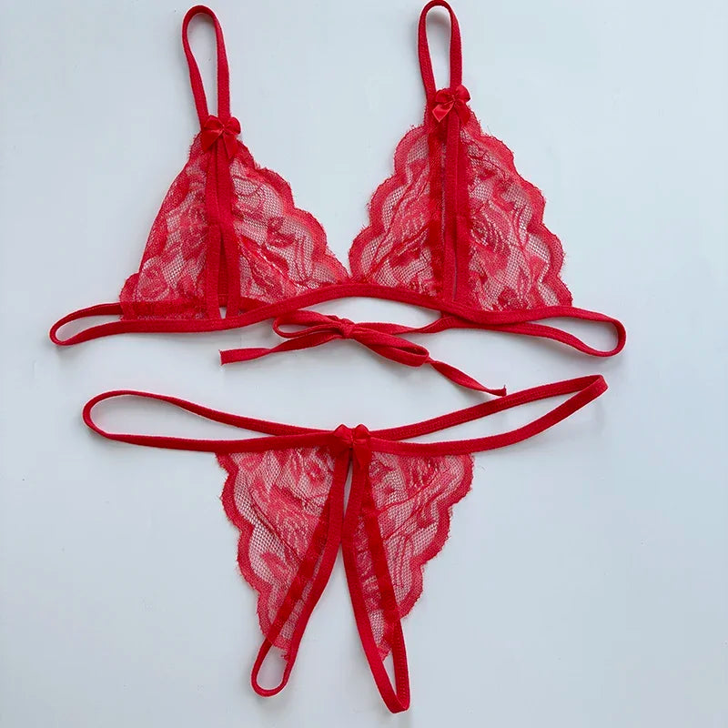 Sexy Lace-up Lingerie Set Women Hot Open Crotch Transparent Sexy Bra and Panty Sets Sex Temptation Erotic Couples Date Underwear
