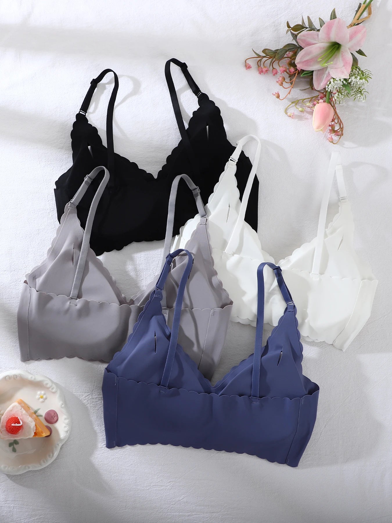 1 Set Solid Color Seamless Bra Panties Women Underwear Set Soft Breathable Removable Padding Ruffled Bralette Ultra-thin Briefs