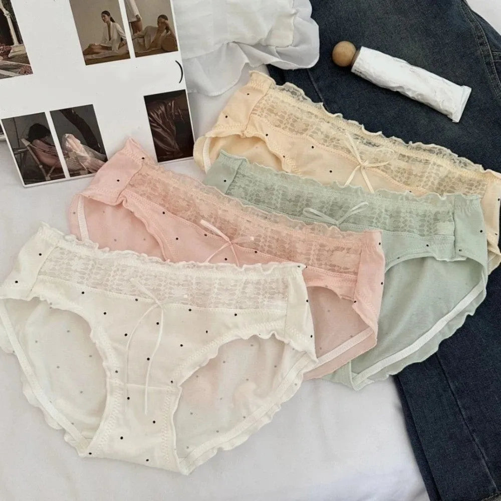 Lingerie Mid-waist Underwear Women Ruffle Patchwork Cotton Bow Briefs Dots Underpants Sweet Panties Summer