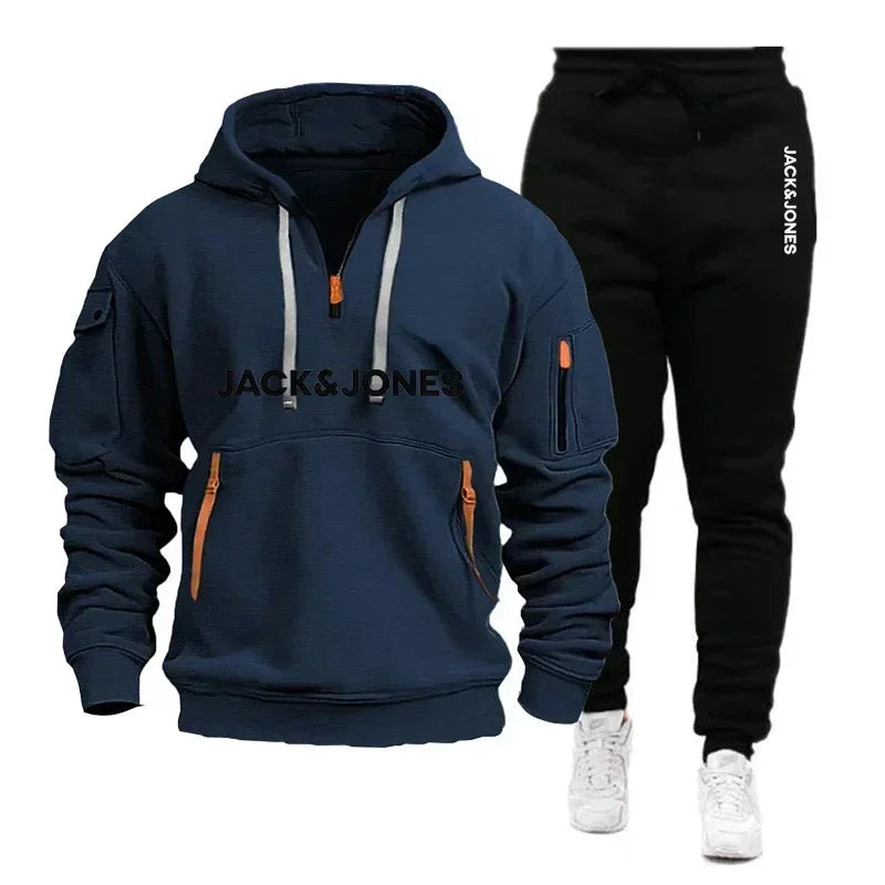 A two-piece outdoor fashion jogging and fitness set for men in autumn and winter, featuring a hooded sweatshirt and casual pants