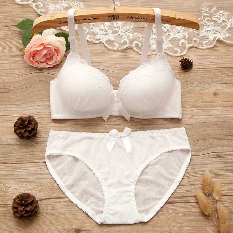 2pcs/set Solid Color Lace Bow Sexy No Steel Rings Comfortable Girls Bra Gather Adjustable Bra Panties Set Teen Underwear Puberty