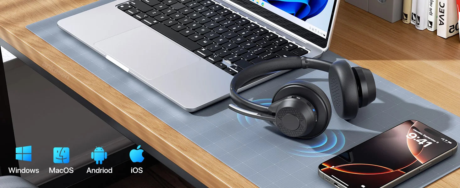 Wireless Bluetooth Headset Bluetooth 5.4 Headphones with Microphone Noise Canceling Multipoint Connect Wireless Headset for Work