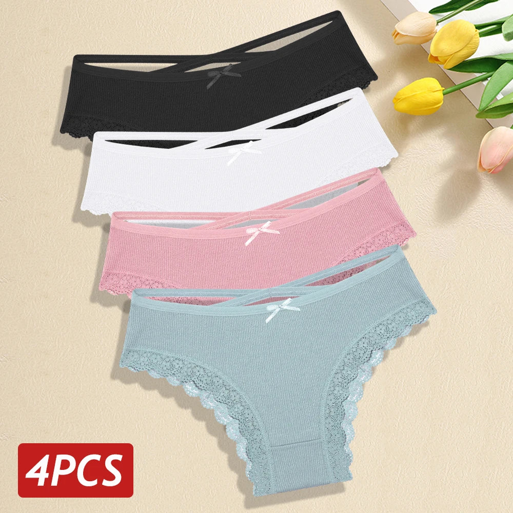 4PCS/Set Women Cotton Panties Sexy Lace Braizlian Panties Low Rise Hollow Out Underwear for Female Cute Bow Breathable Lingerie