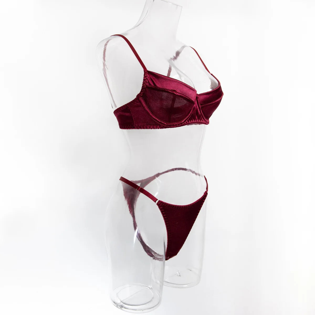 Sexy Burgundy Ruched Bra Set with Textured Fabric, Deep V Design, and High-Cut Panty for a Flattering Fit