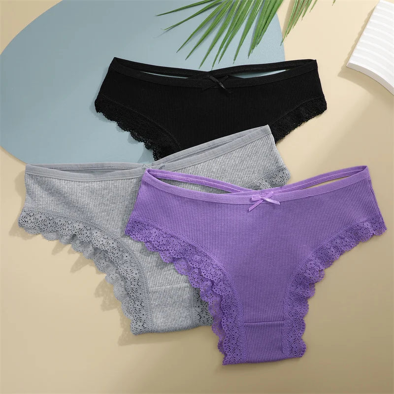 4PCS/Set Women Cotton Panties Sexy Lace Braizlian Panties Low Rise Hollow Out Underwear for Female Cute Bow Breathable Lingerie