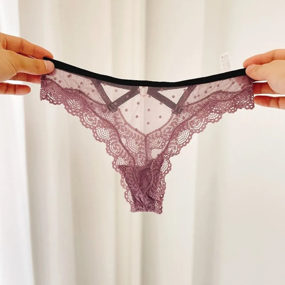 Lingerie Low Waist Lace Panties Thong Hollow Out Underwear for Women Transparent Dots Mesh Lace Briefs Girl