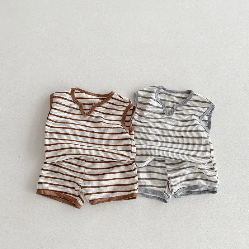 Summer baby clothes 0-5T solid color boys striped sleeveless T-shirt shorts set breathable girls vest short sleeved shorts set