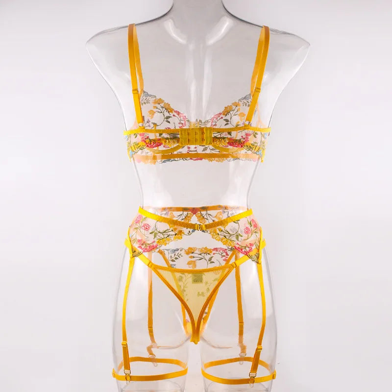 Lingerie Set Sensual Lace Underwear Transparent Embroidery 3 Pcs Garters Fancy Beautiful Short Skin Care Kits Intimate Bra Set
