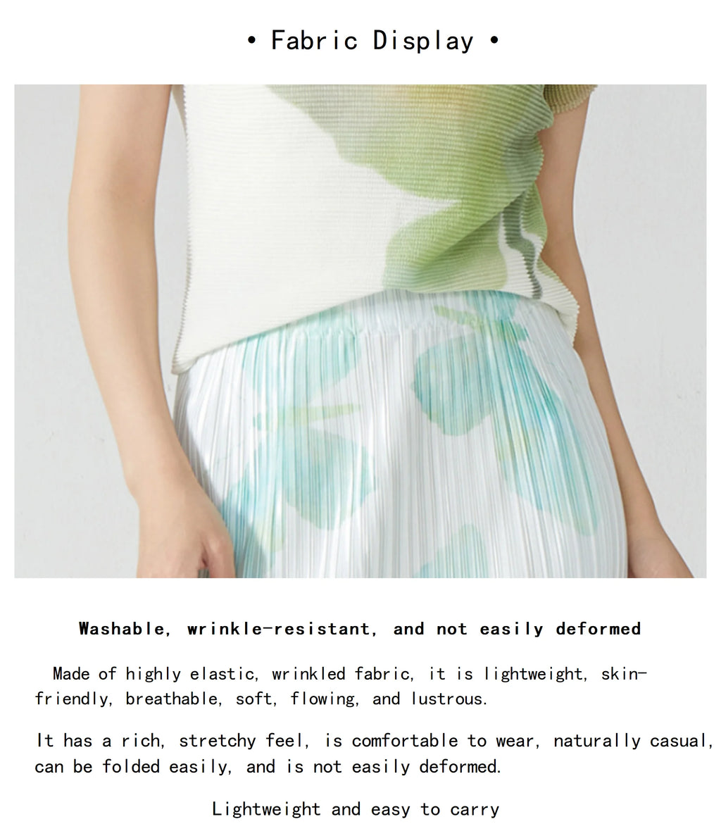 Summer women's outfit: a stylish two-piece set including a short-sleeved T-shirt and a pleated midi skirt with a slit.