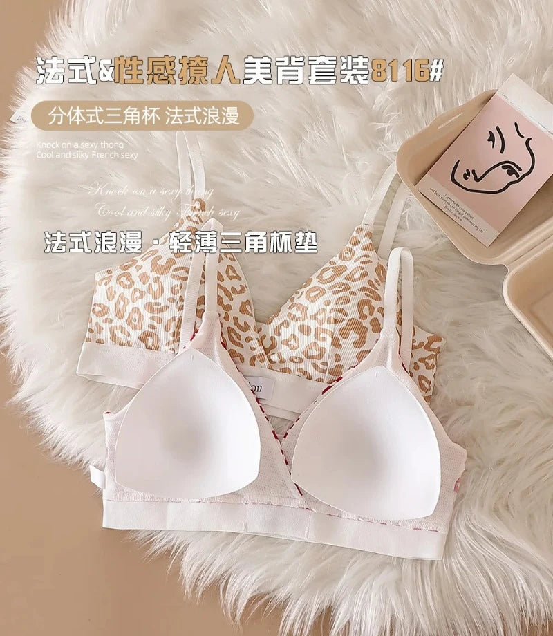 Women Seamless Bra Set Low Waist Panties Leopard Bralette Sexy Lingerie Set Vneck Sport Brassiere Female Cotton Underwear Set