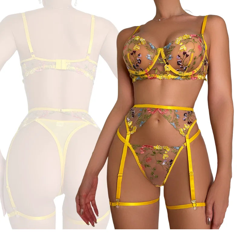 Lingerie Set Sensual Lace Underwear Transparent Embroidery 3 Pcs Garters Fancy Beautiful Short Skin Care Kits Intimate Bra Set