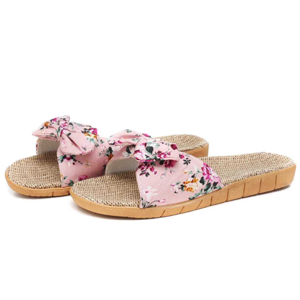 Shoes For Woman Sandalias Mujer Women Female Bowknot Flax Linen Flip Flops Beach Shoes Sandals Slipper Chaussures Femme