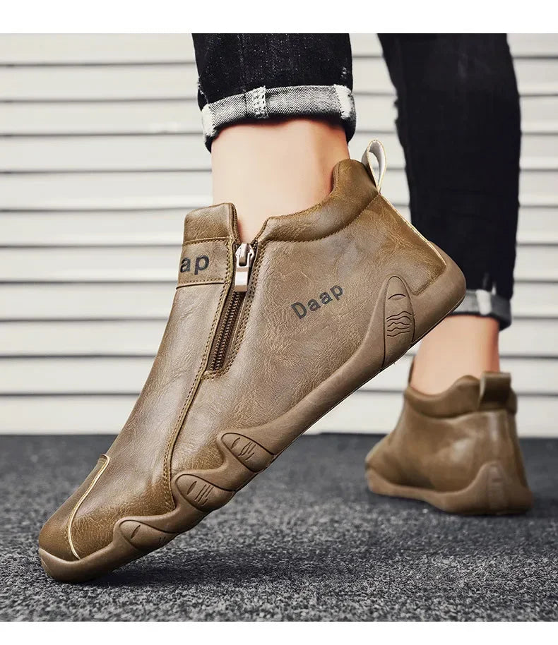 Men's Leather Shoes Ankle Boots Casual Leather Loafers Zipper Comfortable Formal Flat Solid Color White Shoes Driving Moccasins