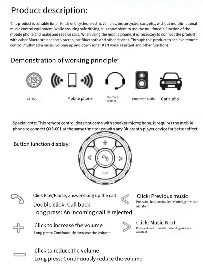 Wireless Bluetooth 5.3 media Button Remote Controller Motorcycle Helmet Earphone Car Steering Wheel MP3 Music Play For Phones