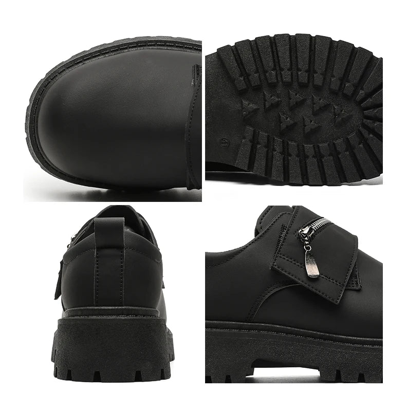 Men's Leather Shoes:Chunky-Soled Zipper Derby Shoes-Style Wide-Toe Casual Loafers#Business British Formal Luxury Black Driving46