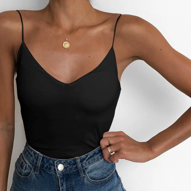 Summer Sexy Vest Women Thin V-neck Strap Camisole Top Solid Color Tank Tops Female Slim Fit Sleeveless For Ladies