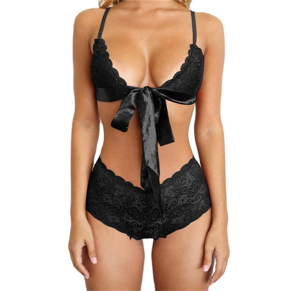Langerie Sexy Lingerie Porno Suit Woman Lace Embroidery Underwear Women Bow Tie Push Up Bra Briefs Outfit lenceria sensual mujer