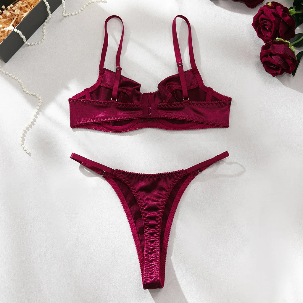 Sexy Burgundy Ruched Bra Set with Textured Fabric, Deep V Design, and High-Cut Panty for a Flattering Fit