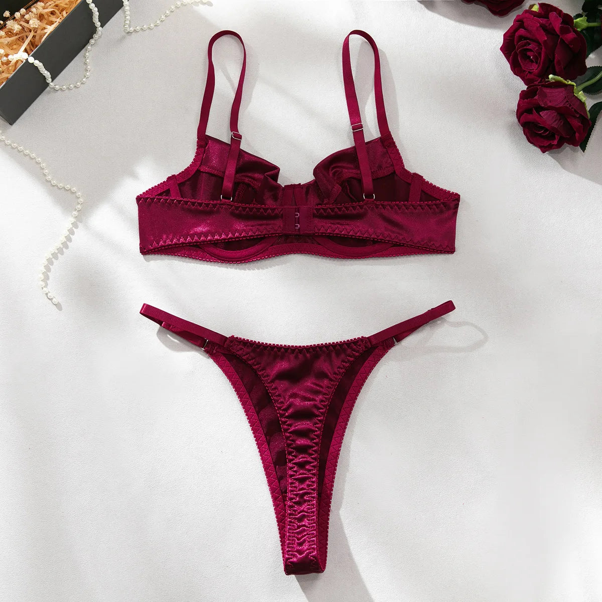 Sexy Burgundy Ruched Bra Set with Textured Fabric, Deep V Design, and High-Cut Panty for a Flattering Fit