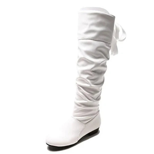 2024Shoes For Women  Knee High Boots Red Black White Tall Boots Woman Pleated Low Heel Casual Leather Female Long Shoes