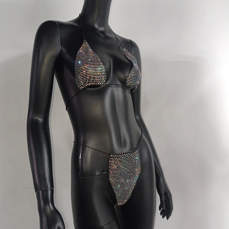 Bling Rhinestones Bra Panty Set Women Sexy Halter Bra Sexy Panty Two Piece Set Summer Beach Outfits Party Club Matching Sets