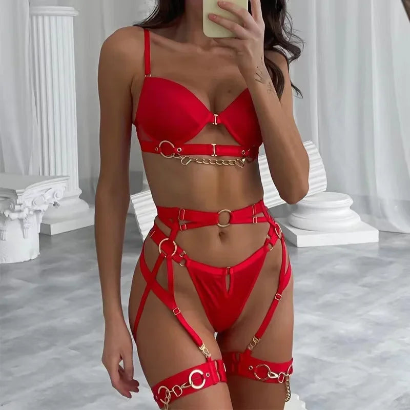 Women Lingerie Sexy Porn Underwear Halter Bra And Panty Set Luxury Garter 3 Pieces With Chain Lady Erotic Sets Sexy Outfit