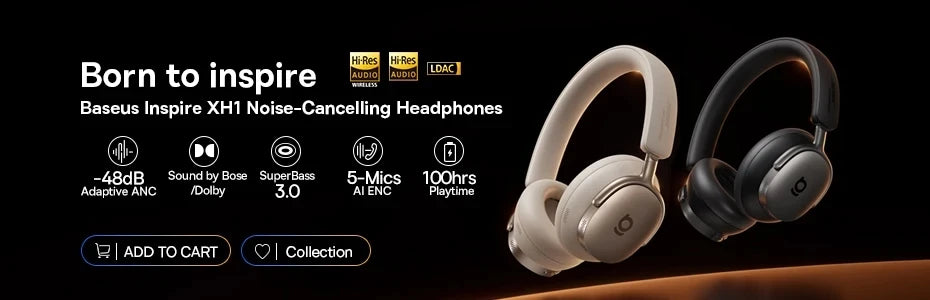 Baseus Bowie MH1 Bluetooth Headphones 48dB Noise Cancellation Hi-res LDAC Over Ear Headset Audio Wireless Earphone Earbuds